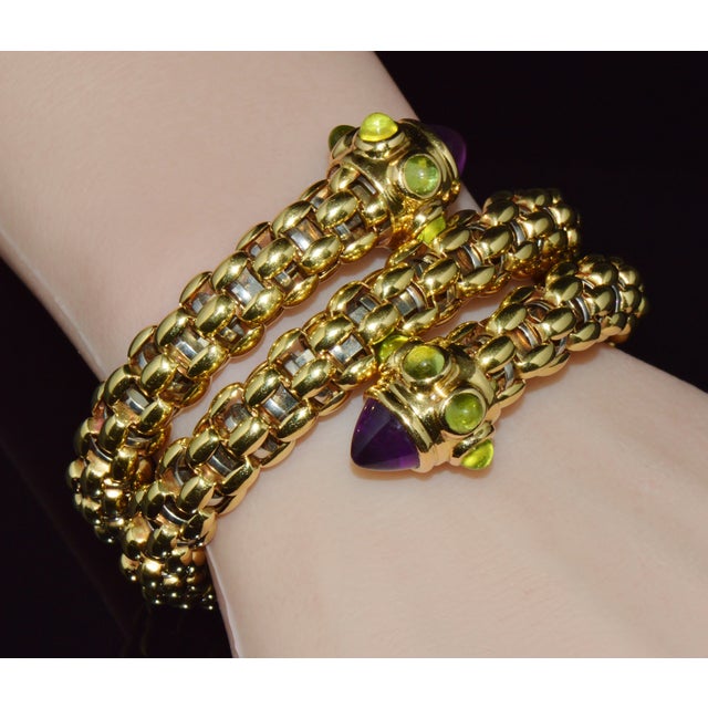 Mid-Century Modern Rare Vintage Fope 18k Gold Double Wrap Twist Snake Bracelet With Amethyst & Peridot For Sale - Image 3 of 15