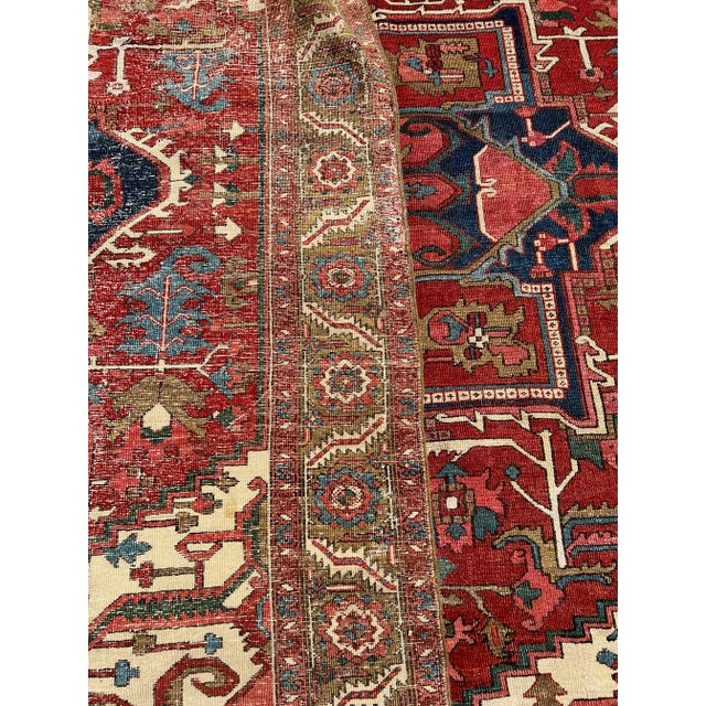 Red Antique Red & Blue Heriz Rug Rare Square Size For Sale - Image 8 of 8