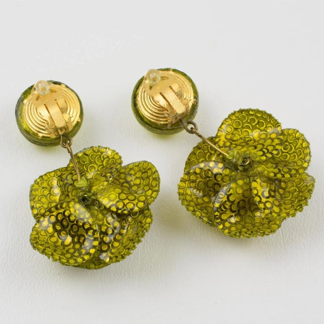 Francoise Montague by Cilea Resin Pair of Clip Earrings Green Poppy Flower For Sale - Image 4 of 5