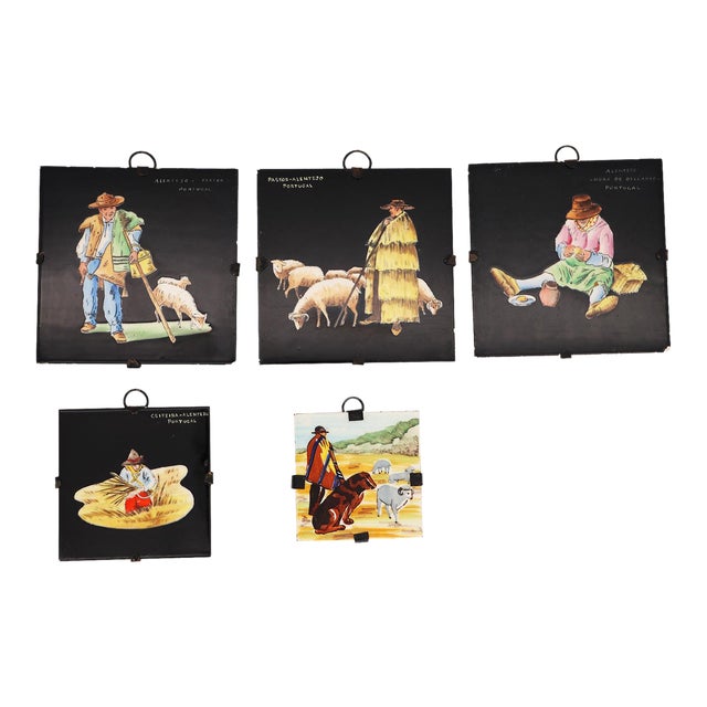 1950s Portuguese Set of Five Small Tiles Depicting People From Alentejo Province For Sale