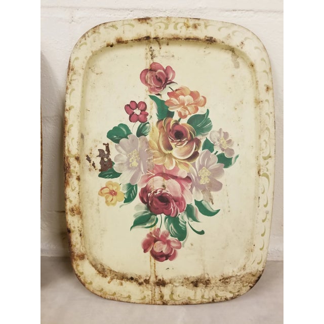 1940s Pair of Shabby Chic Tole Trays For Sale - Image 4 of 5