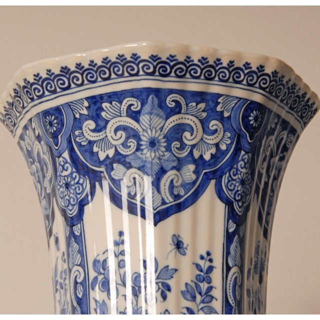 Chinoiserie Antique Pair of Delft Blue & White Trumpet Vases For Sale - Image 3 of 12