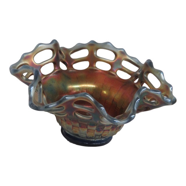 Fenton Carnival Glass Iridescent Basket Weave Lace Edge Candy Dish Bowl 4599b For Sale