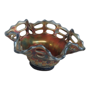 Fenton Carnival Glass Iridescent Basket Weave Lace Edge Candy Dish Bowl 4599b