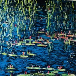 "Lilies in Blue 2" Contemporary Botanical Landscape Painting
