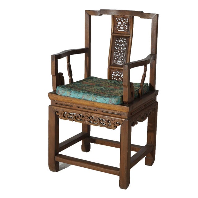 Pair of Chinese Carved Hardwood Throne Armchairs With Silk Cushions Mid-20th Century For Sale - Image 12 of 12