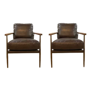 Mid-Century Modern Style Brown Leather Lounge Chairs Pair