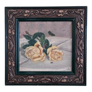 Antique Original Flower Oil Painting, Signed Yellow Roses Still Life Art For Sale