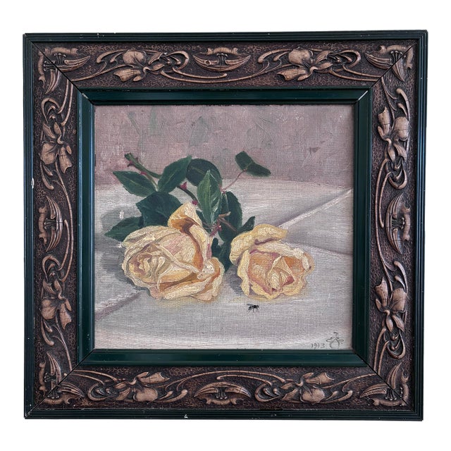 Antique Original Flower Oil Painting, Signed Yellow Roses Still Life Art For Sale