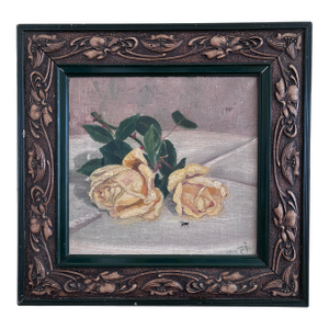 Antique Original Flower Oil Painting, Signed Yellow Roses Still Life Art