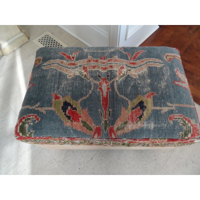 Modern leather ottoman with an antique Kilim custom pillow unattached. Kilim pillow is upolstered on top and bottom for...