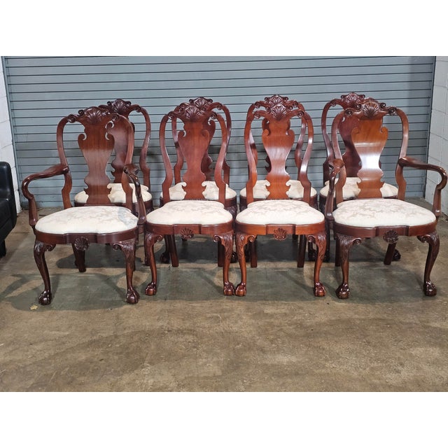 Kindel Furniture Set of 8 Kindel Winterthur Collection Mahogany Clawfoot Dinning Arm Chairs Silk For Sale - Image 4 of 14