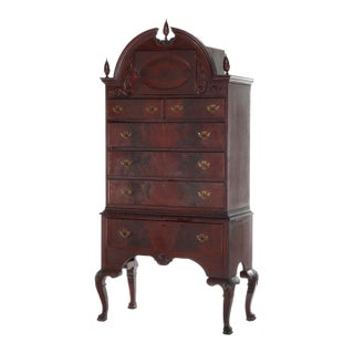 Antique Queen Anne Style Carved Mahogany Bonnet Top High Boy C1900 For Sale
