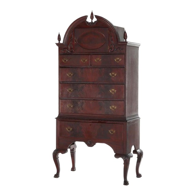 Antique Queen Anne Style Carved Mahogany Bonnet Top High Boy C1900 For Sale