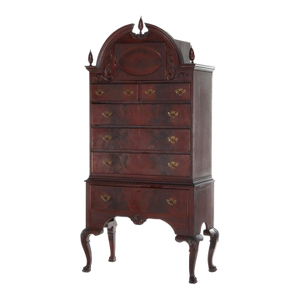 Antique Queen Anne Style Carved Mahogany Bonnet Top High Boy C1900