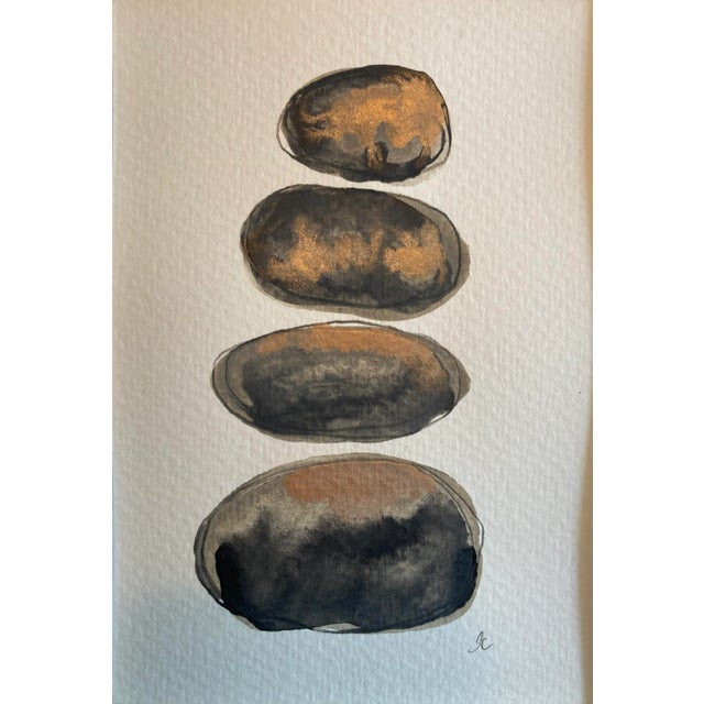"River Rocks #3" Original river rocks watercolor and pen painting on paper. Signed and framed.