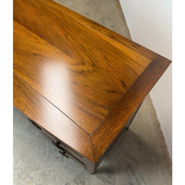 Mid 20th Century Baker Furniture Walnut /Satinwood Bow Front Long Dresser Chest of Drawers For Sale - Image 12 of 12