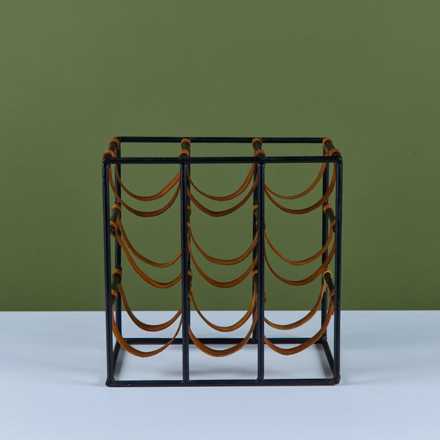 Mid 20th Century Mid 20th Century Arthur Umanoff Wrought Iron and Leather Wine Rack For Sale - Image 5 of 17