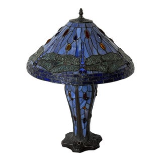 Tiffany-Style Purple Dragonfly-Stained Glass Table Lamp For Sale