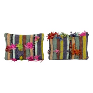 Anatolian Turkish Kilim Lumbar Rug Pillow Cover 16'' X 24'' - Set of Two For Sale