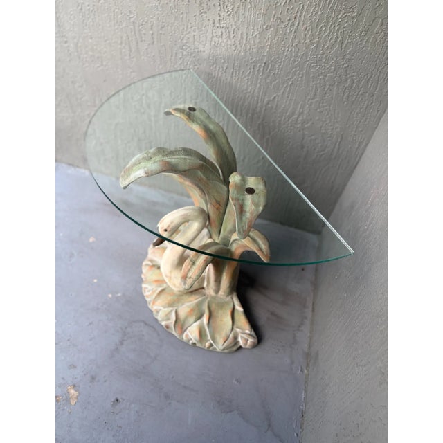 Hollywood Regency 1980s Solid Wood Swan and Palm Glass Top Demilune Console For Sale - Image 3 of 3