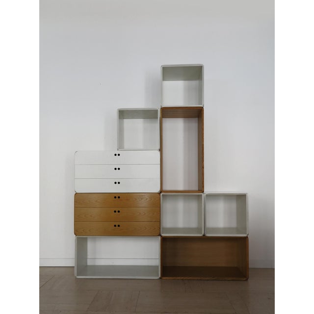 Stackable and freely combinable bookcase, Samara series, designed by Derk Jan De Vries for Maisa, composed of 9 modular...