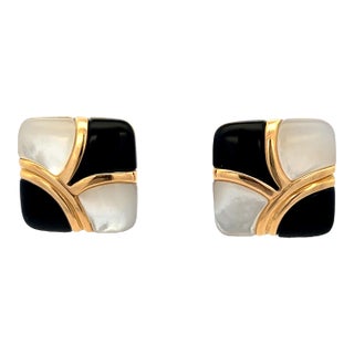 Vintage Asch Grossbardt 14 K Gold Inlay Earrings — Onyx & Mother of Pearl Geometric Design, A Pair For Sale