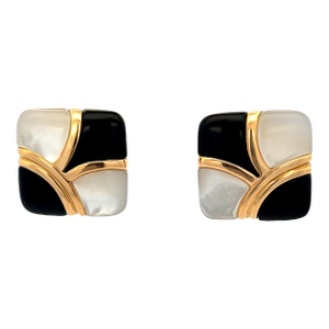 Vintage Asch Grossbardt 14 K Gold Inlay Earrings — Onyx & Mother of Pearl Geometric Design, A Pair