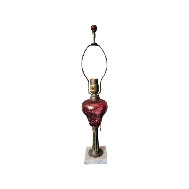Early 20th Century Marble and Cranberry Glass Table Lamp For Sale - Image 4 of 12