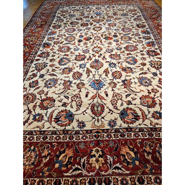 Vintage Persian Isfahan Rug, Hand-Knotted Wool, Allover Floral Pattern, Ivory & Red, 10x14 For Sale - Image 10 of 14