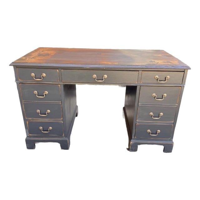 Hand-Refinished Executive Desk With Rich Walnut Top Charcoal Distressed For Sale
