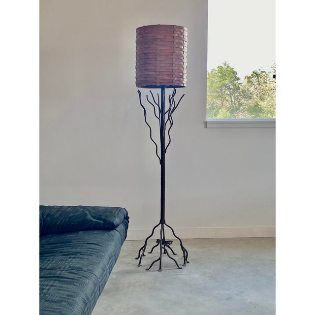 Tree-Like Welded Iron Floor Lamp With Woven Wood Shade For Sale - Image 4 of 17