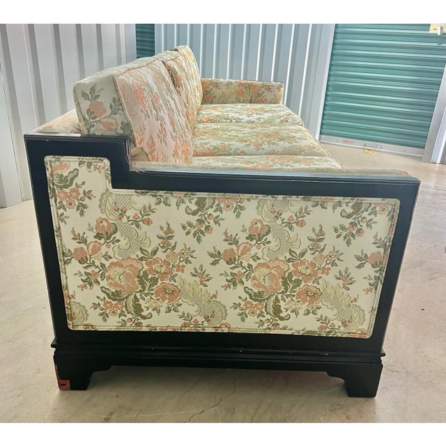 Chinoiserie Late 20th Century Tony Duquette Style Black Lacquer Chinoiserie Sofa by Key City For Sale - Image 3 of 12