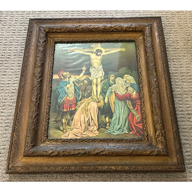 Victorian Circa 1900 American Victorian “The Crucifixion of Jesus Christ” Framed Chromolithograph Print Reproduction For Sale - Image 3 of 7