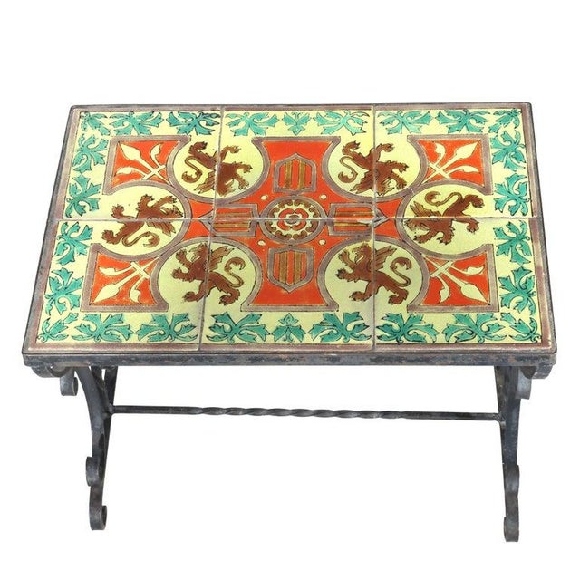 Antique Arts & Crafts Wrought Iron & California Tile Top Side Table With Griffins C1920 Measures - 20 1/4" x 25 3/8" x 16...