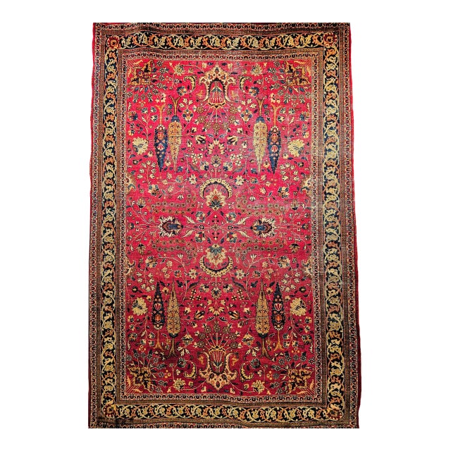 Antique Persian Khorassan Rug, Hand-Knotted Wool, Tree of Life Pattern, Crimson Red & Blue, 6x9 For Sale