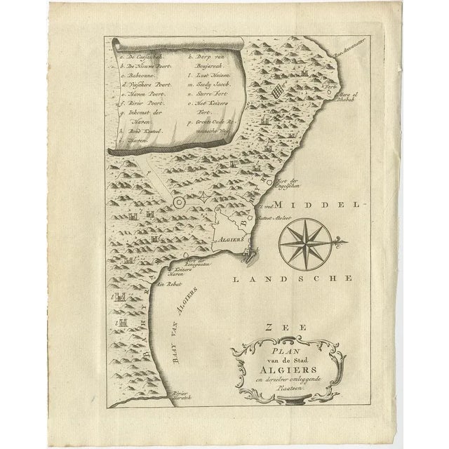 Antique print titled 'Plan van de Stad Algiers'. Old map of Algiers, also depicting surrounding cities and the Bay of...