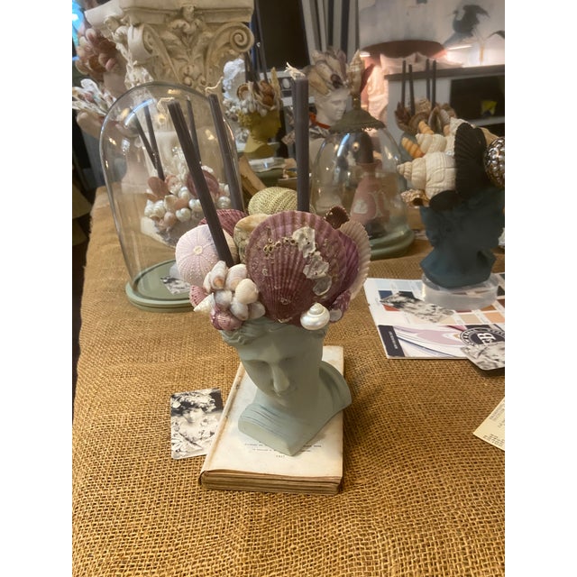 Shell-Encrusted Bust in Farrow & Ball “Blue Gray” With Candle Holders For Sale - Image 11 of 12