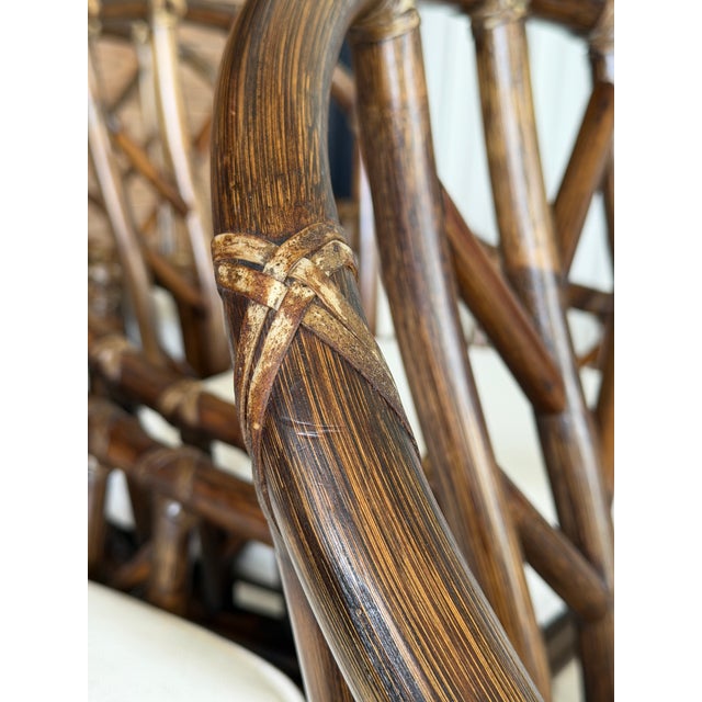 Vintage McGuire M-74 “Arrow Back” Rattan Dining Arm Chairs by Elinor McGuire, Set of Six For Sale - Image 10 of 12