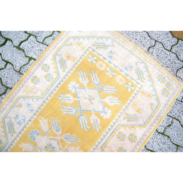 1960s Floral Design Beige-Yellow Handmade Runner Rug For Sale - Image 6 of 11