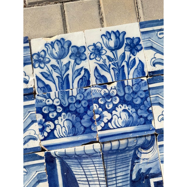 Blue Antique 18th Century Portuguese Floral Still Life in a Wicker Basket Tile Panel For Sale - Image 8 of 10