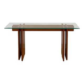 Vintage MCM Danish Teak Puzzle Console Table, Glass Top Mid Century, Entry Table, Danish Modern Sofa Table For Sale