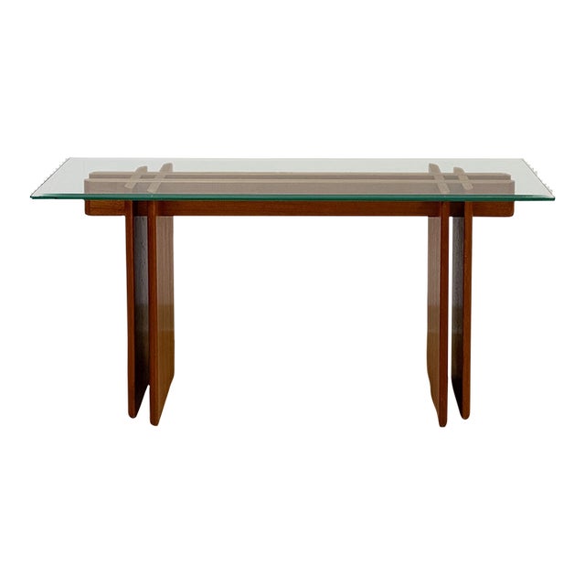 Vintage MCM Danish Teak Puzzle Console Table, Glass Top Mid Century, Entry Table, Danish Modern Sofa Table For Sale