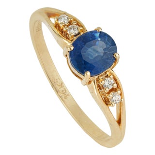 Vintage Style 1.01ct Blue Sapphire Birthstone 14k Gold Diamond Proposal Ring Size 8 For Sale