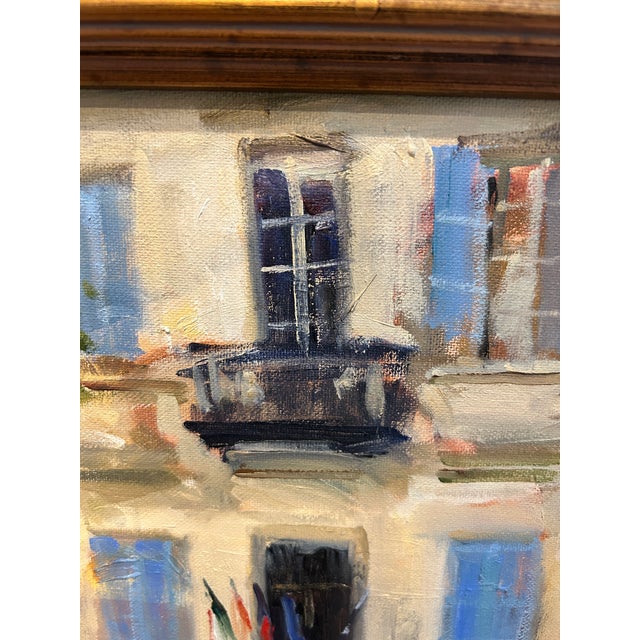 Textile “Morning Light in a French Square” – Impressionist Oil on Board For Sale - Image 7 of 11