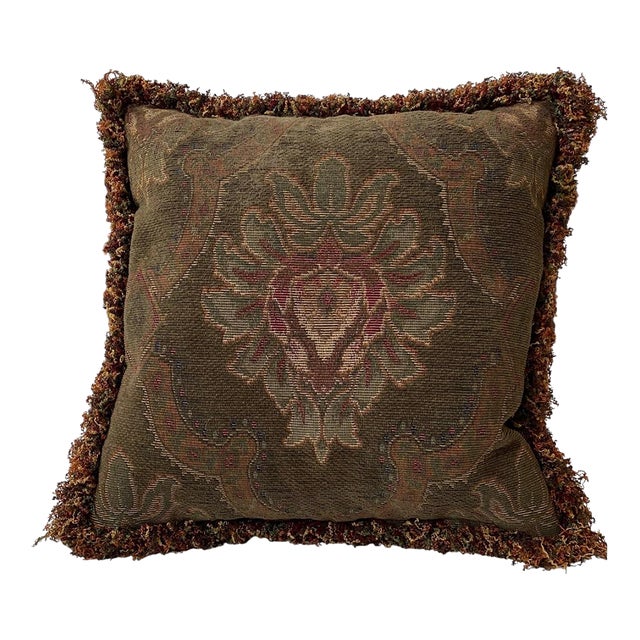 Set of 5, Tapestry Pillows With Moss Fringe For Sale