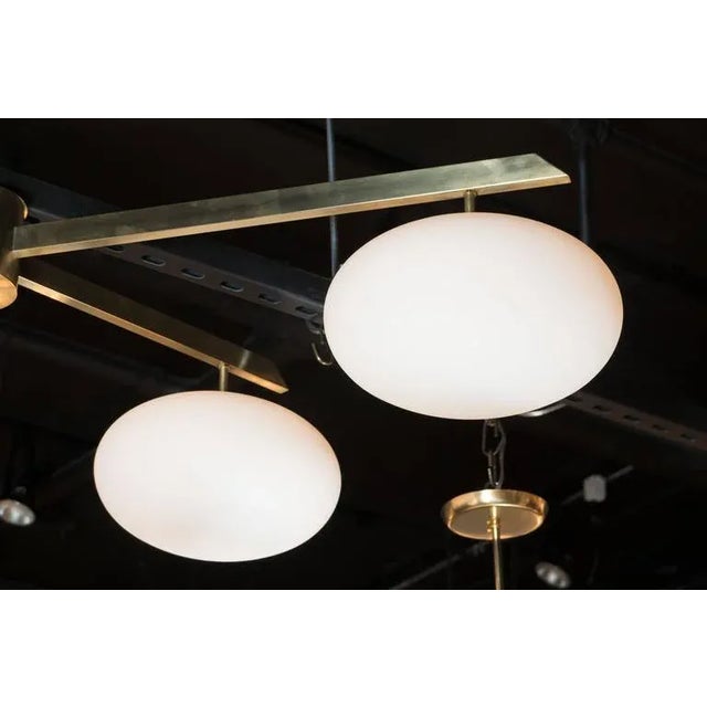 Brushed Brass & Frosted Glass Four-Arm Globe Chandelier For Sale In New York - Image 6 of 9