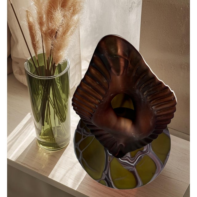 Vintage Essie Zareh Baijan Abstract Jack in the Pulpit Green & Brown Art Glass Vase For Sale - Image 12 of 18