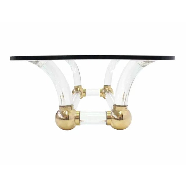Transparent Hollywood Regency Lucite and Brass Base Thick Glass Top Coffee Table For Sale - Image 8 of 9