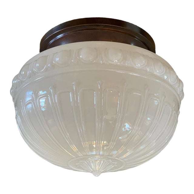 Large Embossed Cast Glass Flushmount Fixture Circa 1910 For Sale